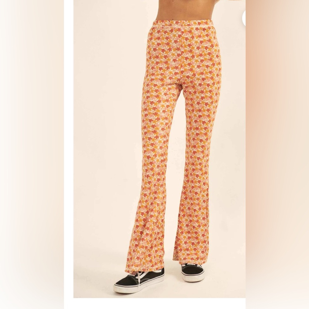 Arula Far-Out Flowers Floral Rib-Knit Flare Pants NWT-0162
